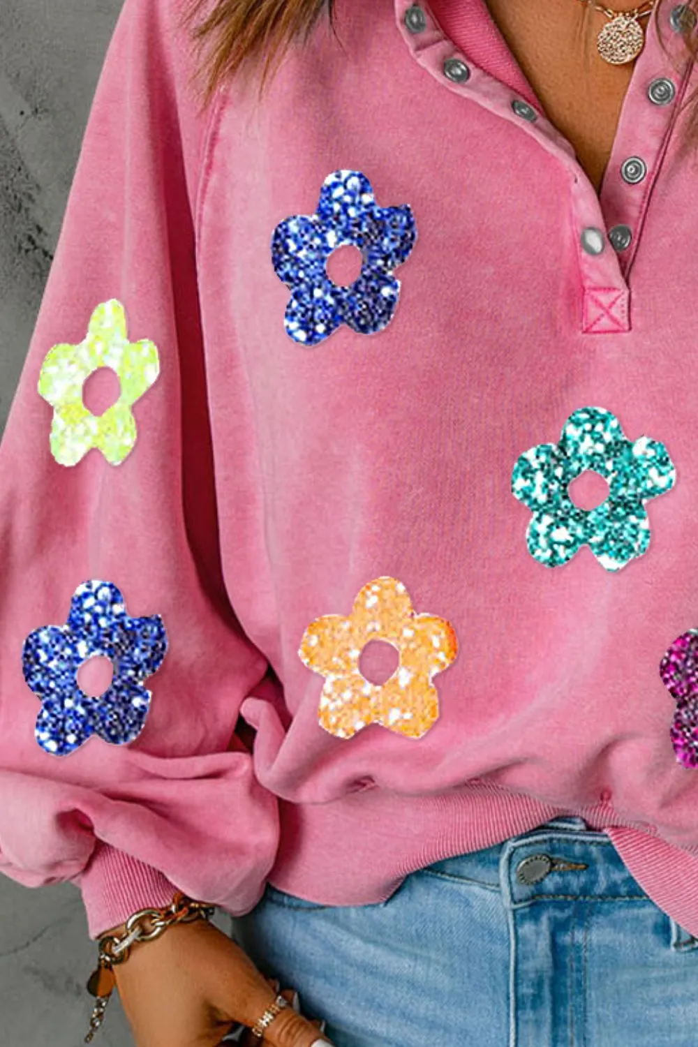 🌸 Sequin Flower Half Snap Lantern Sleeve Sweatshirt – SPARKLE WITH A SIDE OF SASS 🌸