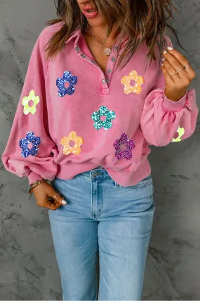 🌸 Sequin Flower Half Snap Lantern Sleeve Sweatshirt – SPARKLE WITH A SIDE OF SASS 🌸