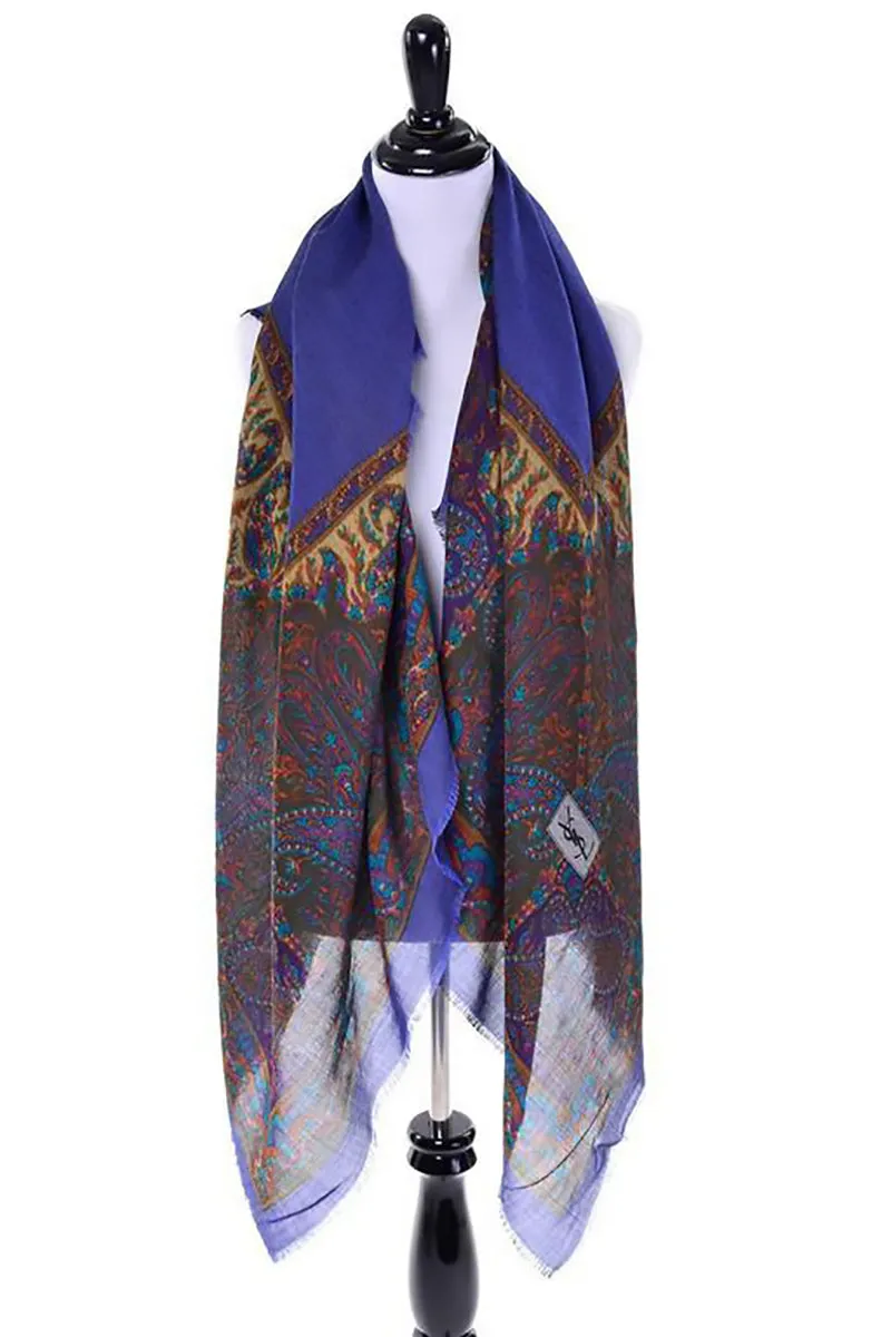 1980s Yves Saint Laurent Oversized Jewel Tone Wool Challis Scarf