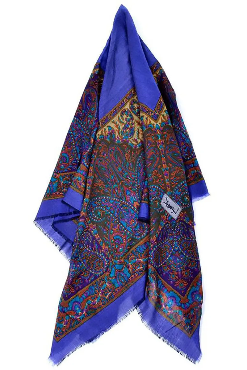 1980s Yves Saint Laurent Oversized Jewel Tone Wool Challis Scarf