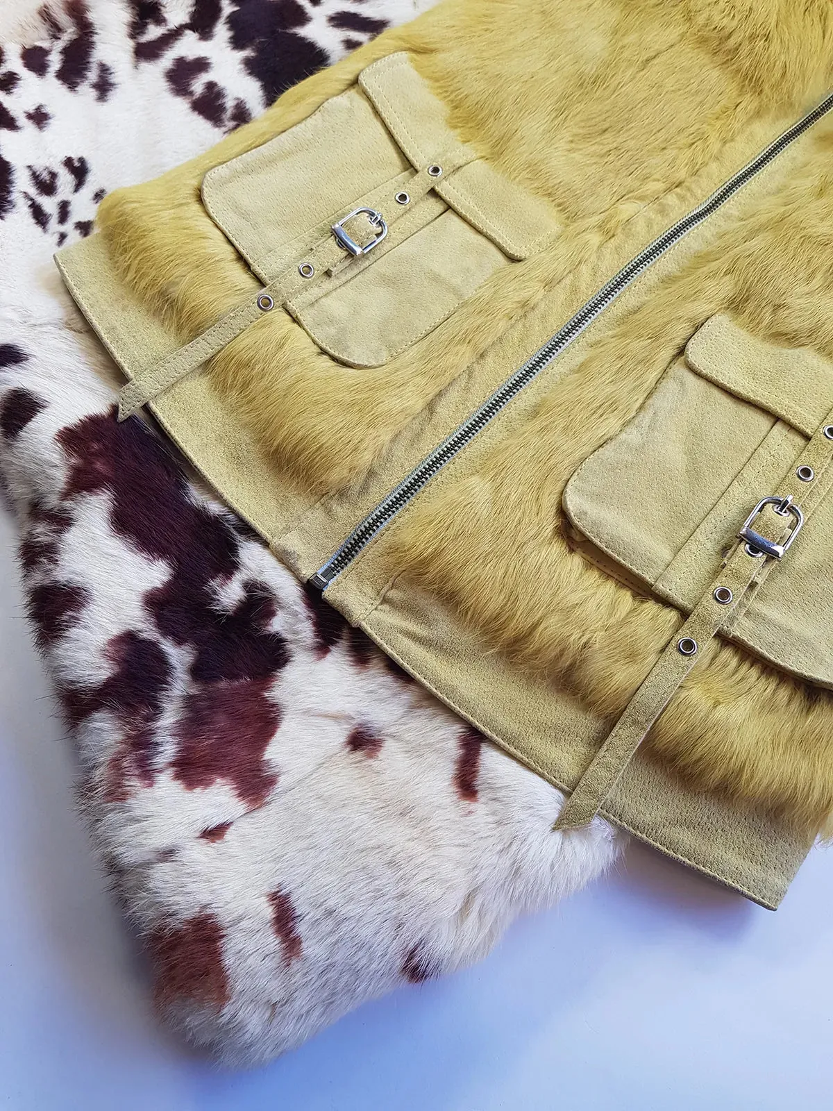 1990s Italian Vintage Light Chartreuse Fur & Suede Vest - fully lined - metal zip - suede feature pockets with tassel buckles