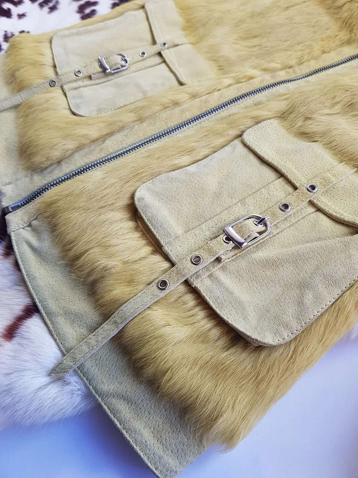 1990s Italian Vintage Light Chartreuse Fur & Suede Vest - fully lined - metal zip - suede feature pockets with tassel buckles