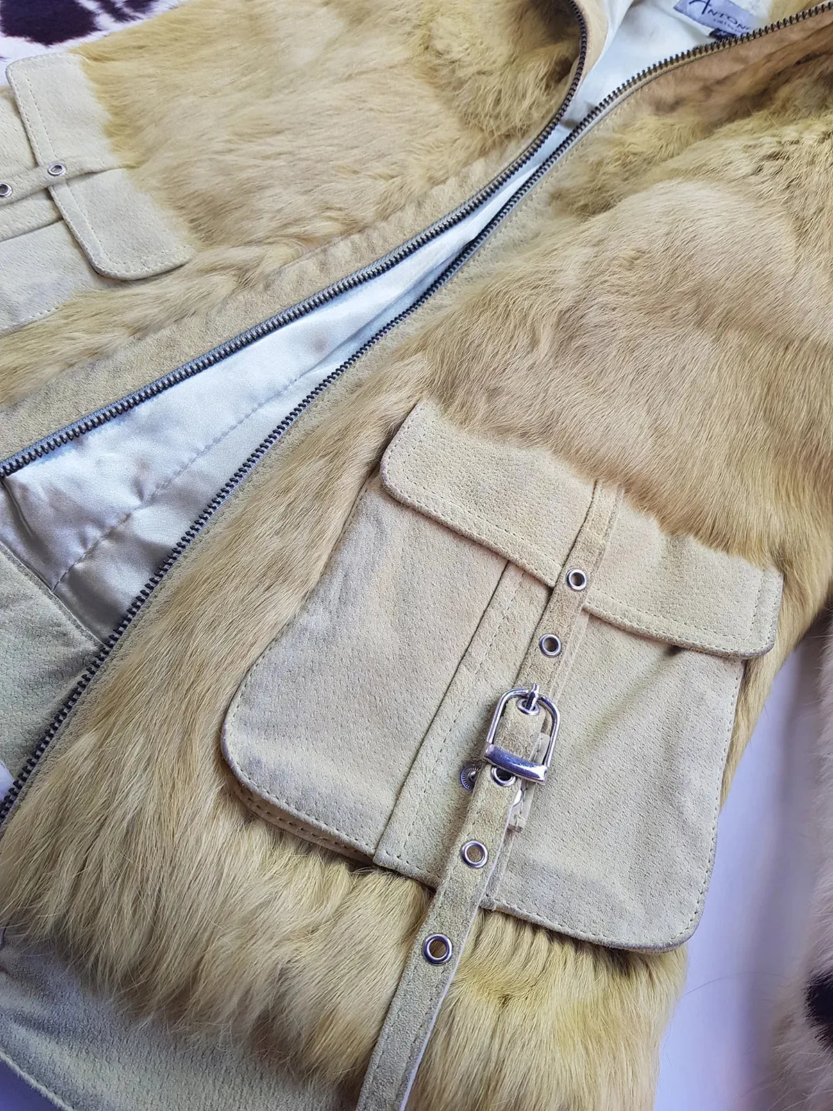 1990s Italian Vintage Light Chartreuse Fur & Suede Vest - fully lined - metal zip - suede feature pockets with tassel buckles