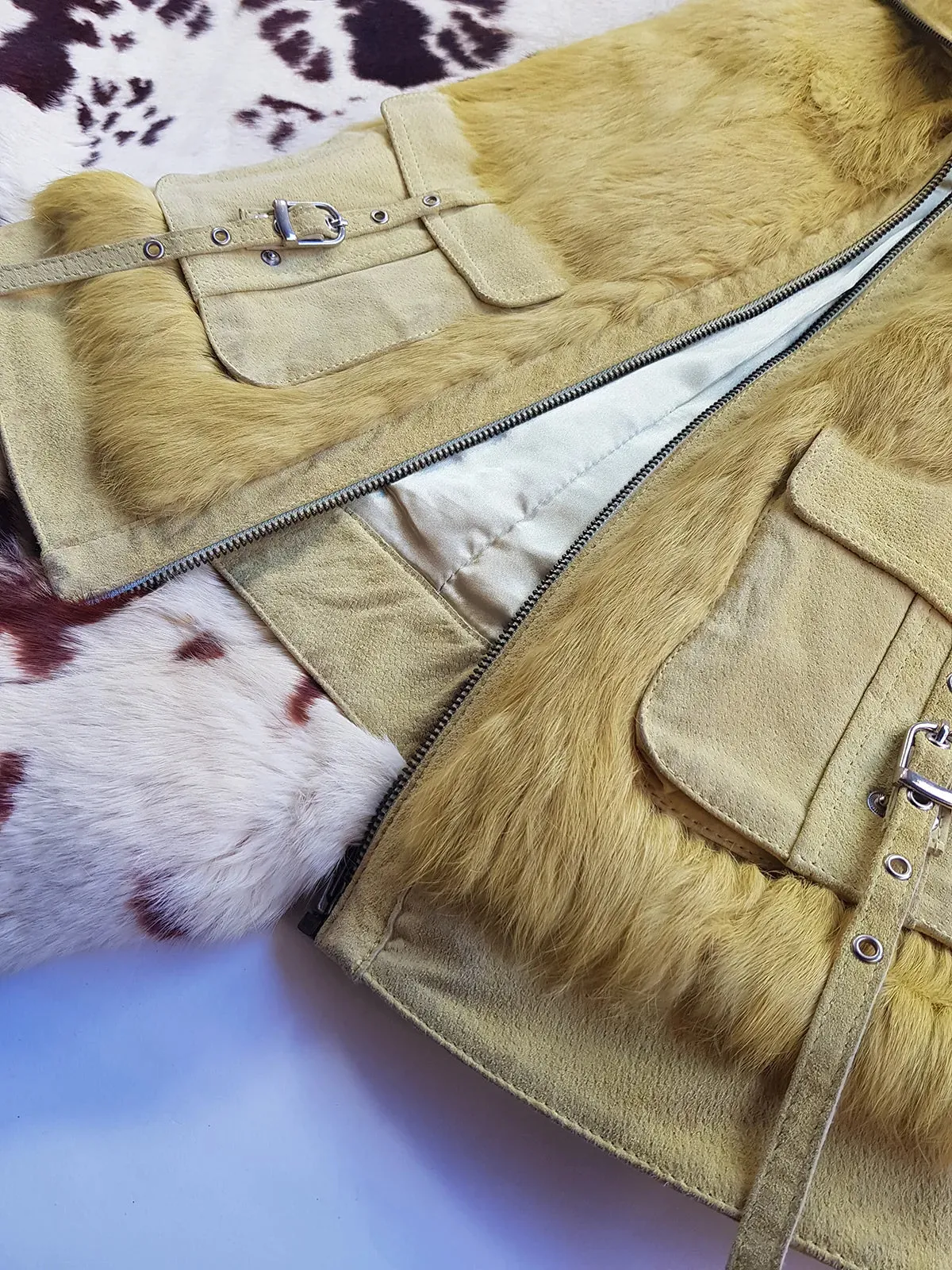 1990s Italian Vintage Light Chartreuse Fur & Suede Vest - fully lined - metal zip - suede feature pockets with tassel buckles