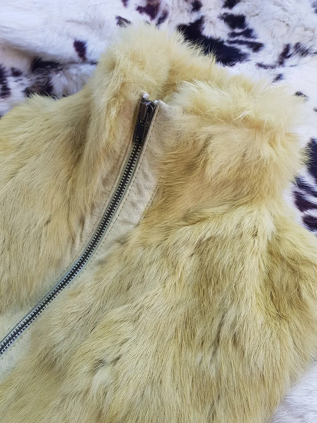 1990s Italian Vintage Light Chartreuse Fur & Suede Vest - fully lined - metal zip - suede feature pockets with tassel buckles