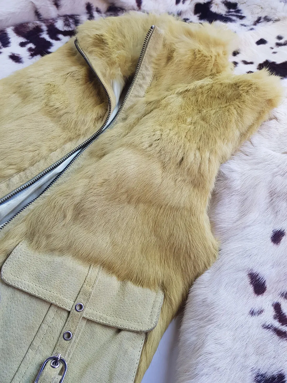 1990s Italian Vintage Light Chartreuse Fur & Suede Vest - fully lined - metal zip - suede feature pockets with tassel buckles