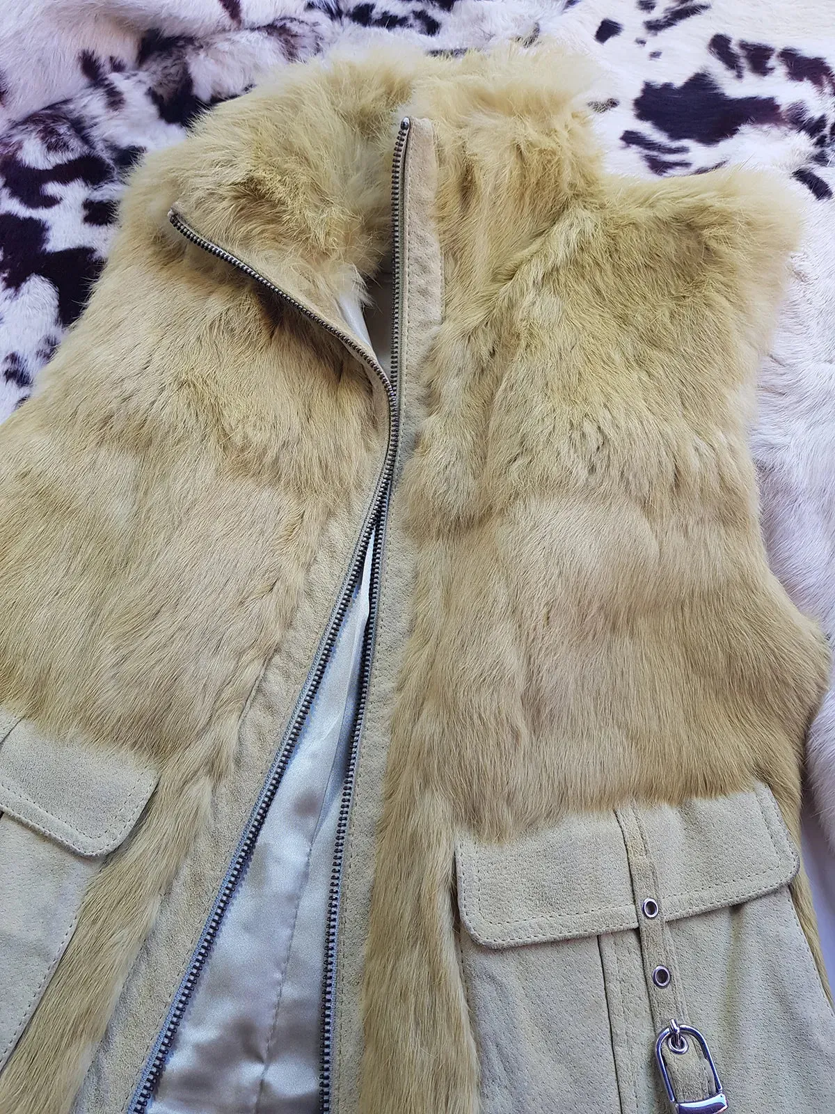 1990s Italian Vintage Light Chartreuse Fur & Suede Vest - fully lined - metal zip - suede feature pockets with tassel buckles