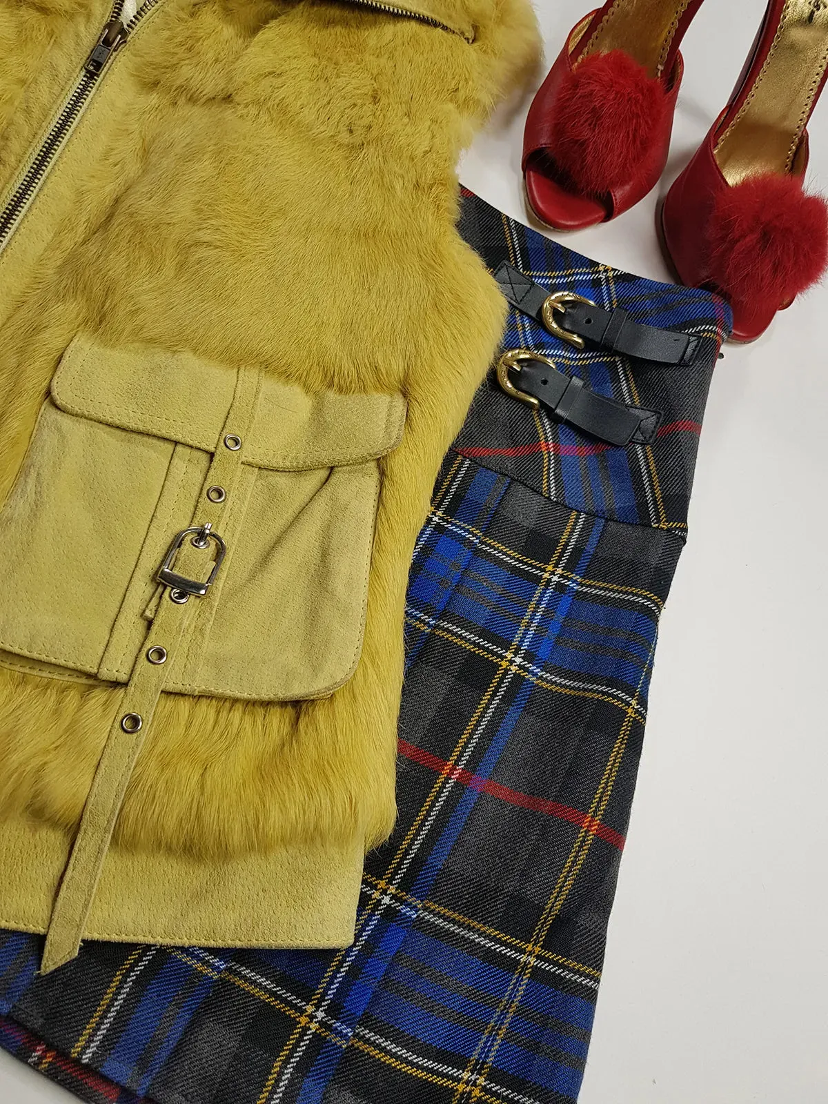 1990s Italian Vintage Light Chartreuse Fur & Suede Vest - fully lined - metal zip - suede feature pockets with tassel buckles