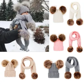 2 Pieces Set Girls Boys Cute Winter Kids Baby Hats Keep Warm Set Children Knit Wool Fur Double Ball Hat Crochet Cap Scarf Set