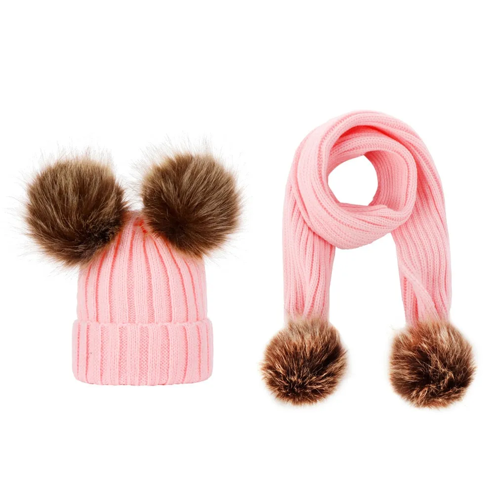 2 Pieces Set Girls Boys Cute Winter Kids Baby Hats Keep Warm Set Children Knit Wool Fur Double Ball Hat Crochet Cap Scarf Set