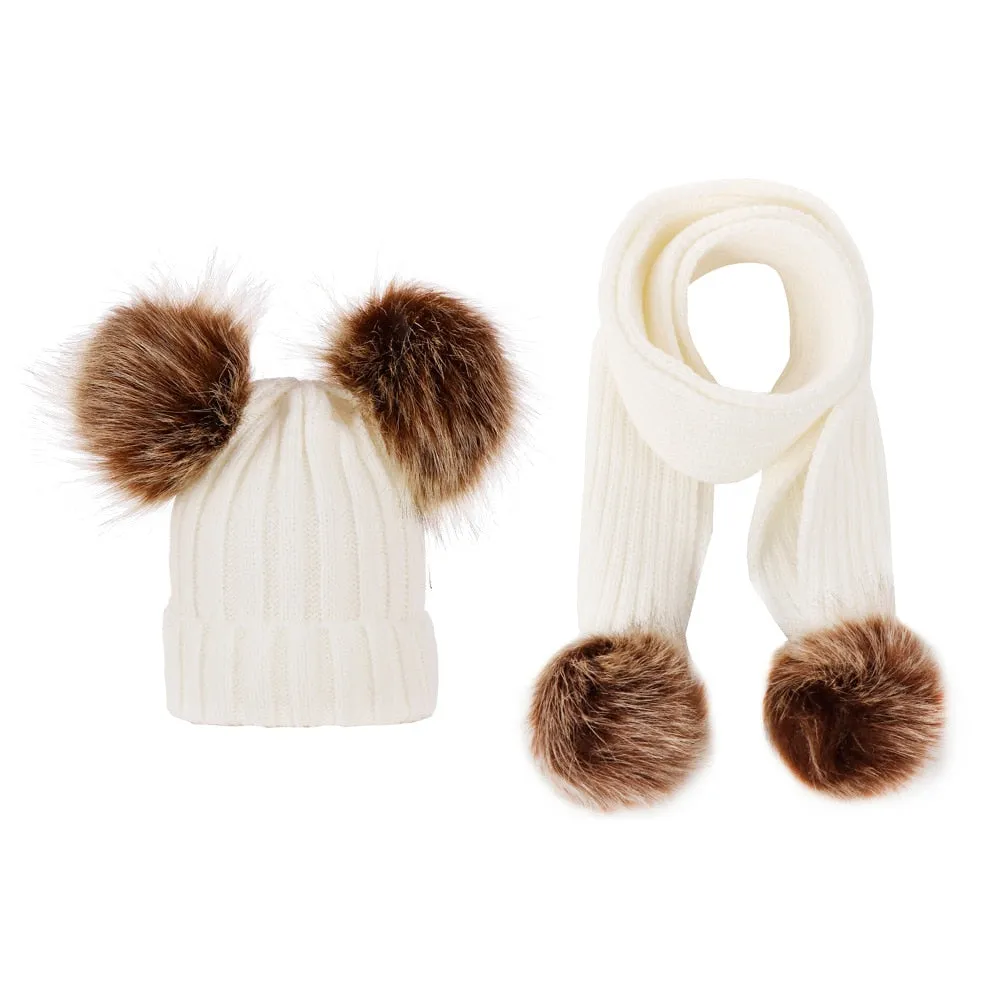 2 Pieces Set Girls Boys Cute Winter Kids Baby Hats Keep Warm Set Children Knit Wool Fur Double Ball Hat Crochet Cap Scarf Set