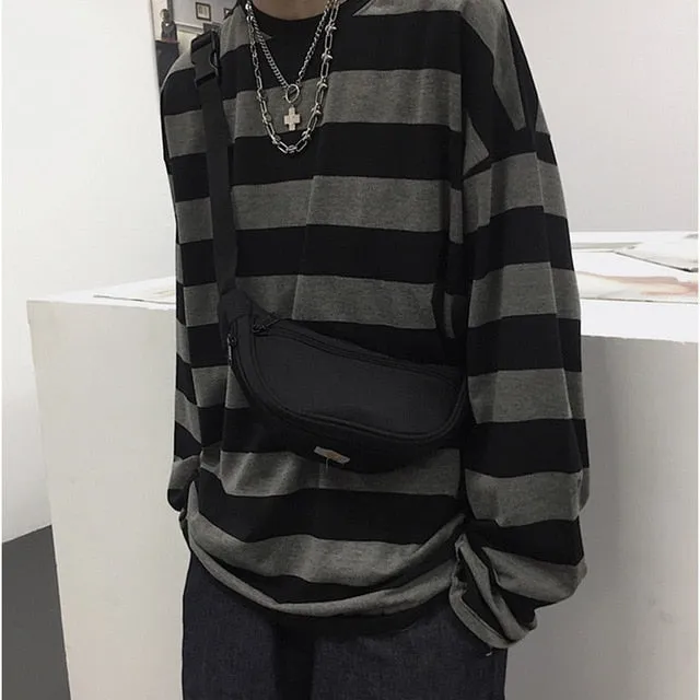 Aidase Harajuku Oversized High Street Stripe T-shirt long sleeves vintage style All-match fashion Unisex clothes Japanese Streetwear