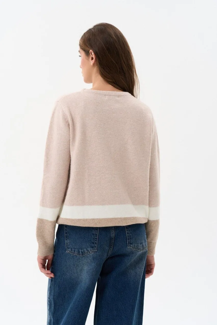 Beige Color Block Knit Sweater