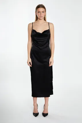 Black Satin Cowl Neck Midi Dress