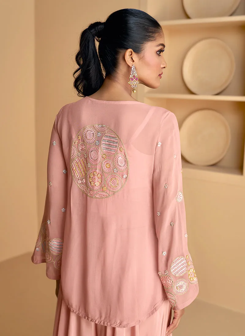 Blush Pink Sequence Embroidered Jacket Style Palazzo Suit