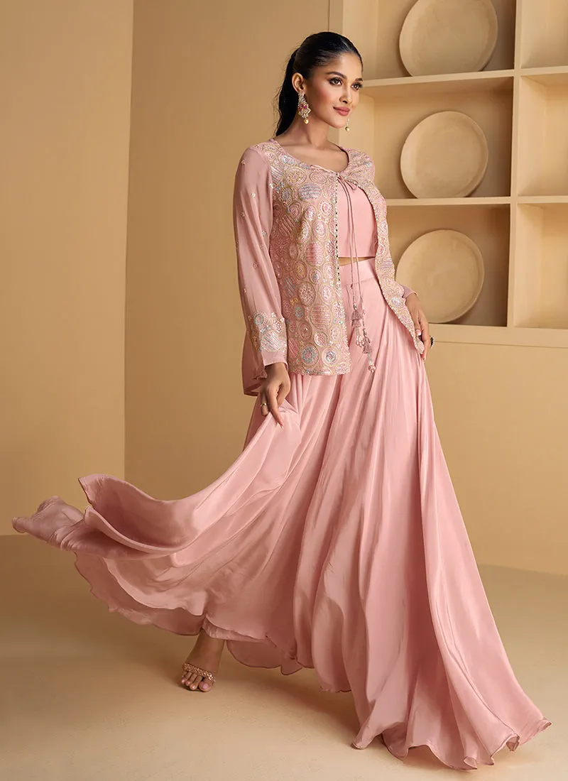 Blush Pink Sequence Embroidered Jacket Style Palazzo Suit