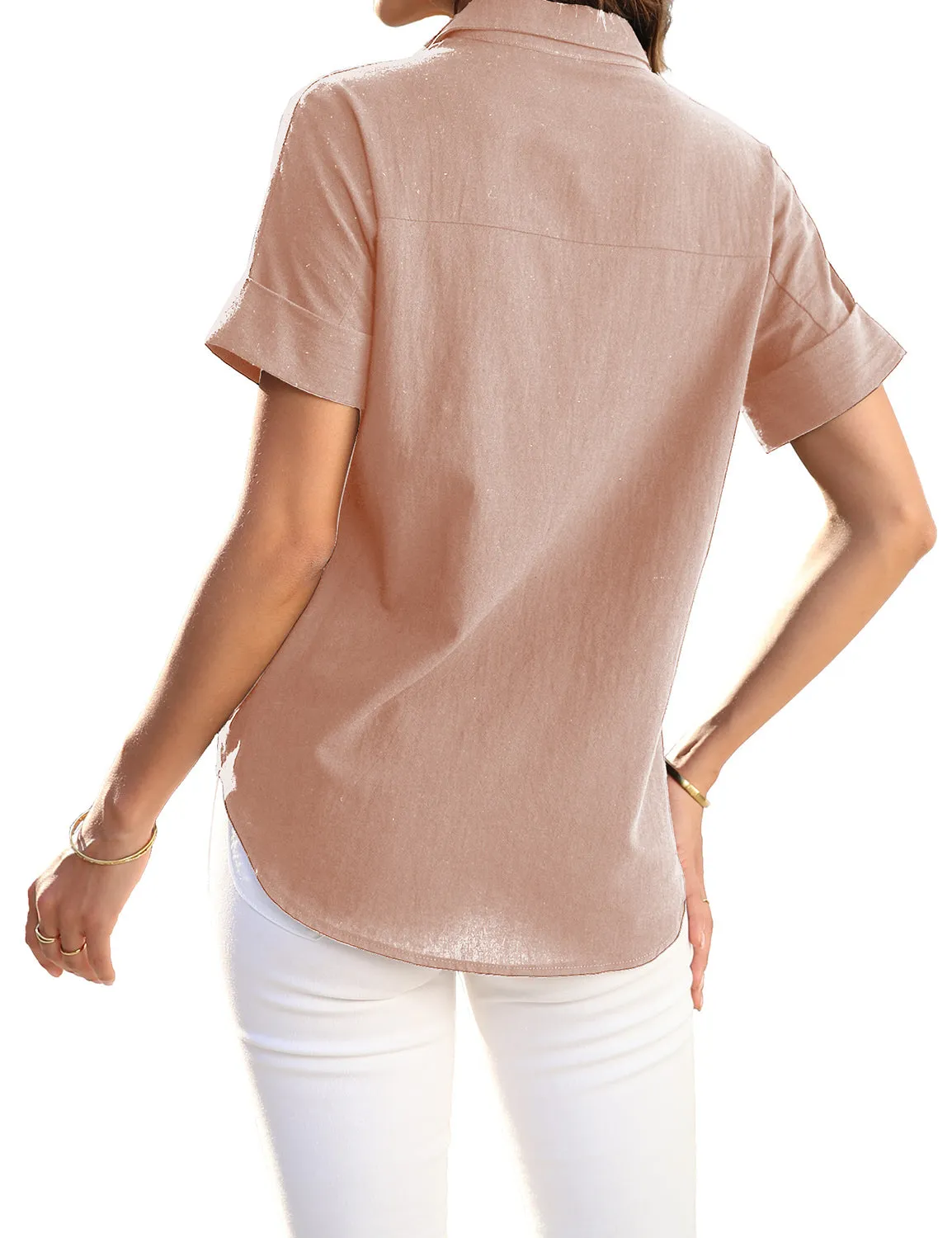 Blush Short Cuffed Sleeves Pockets Button-Up Top