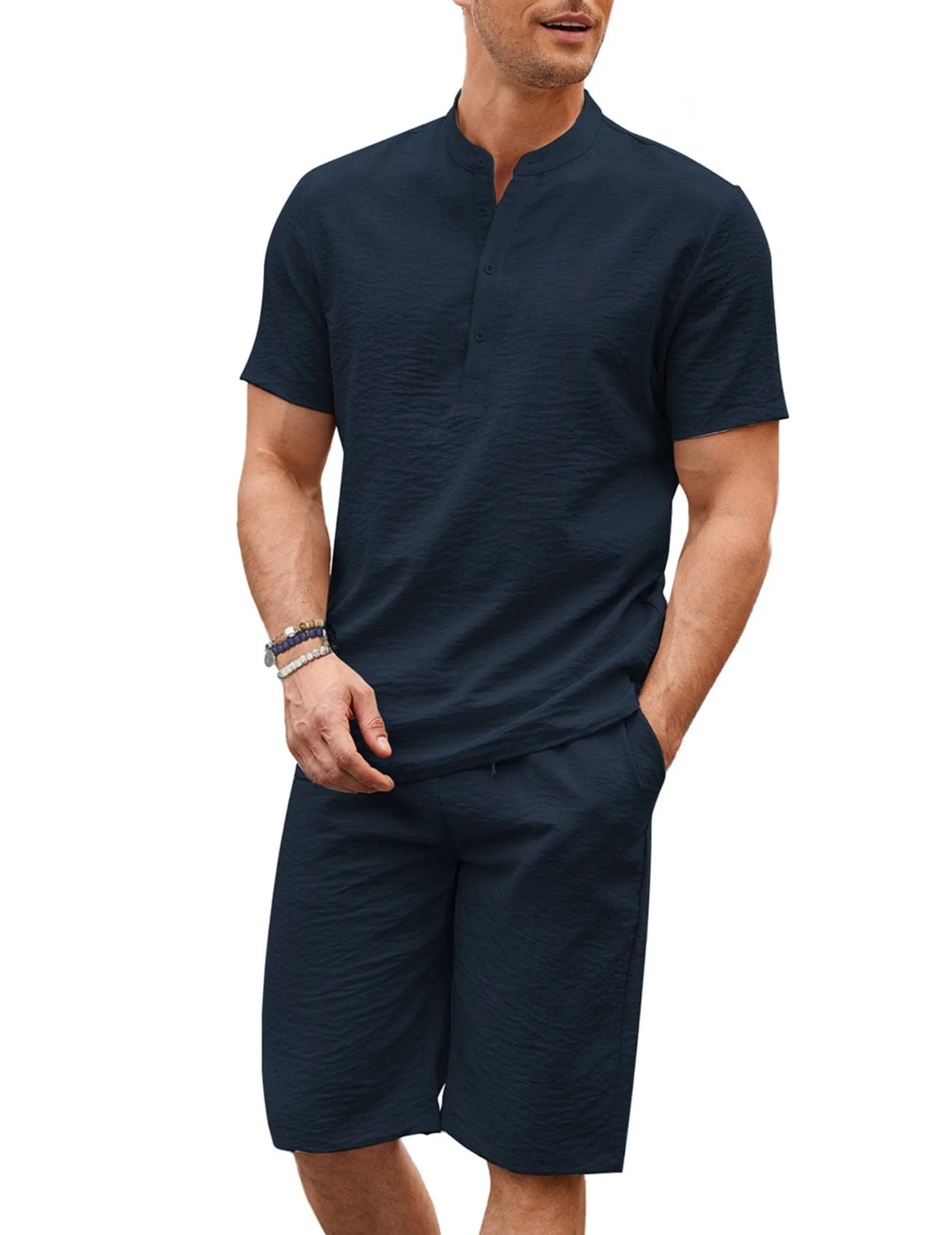 Casual 2 Pieces Cotton Linen Henley Shirt Set (US Only)