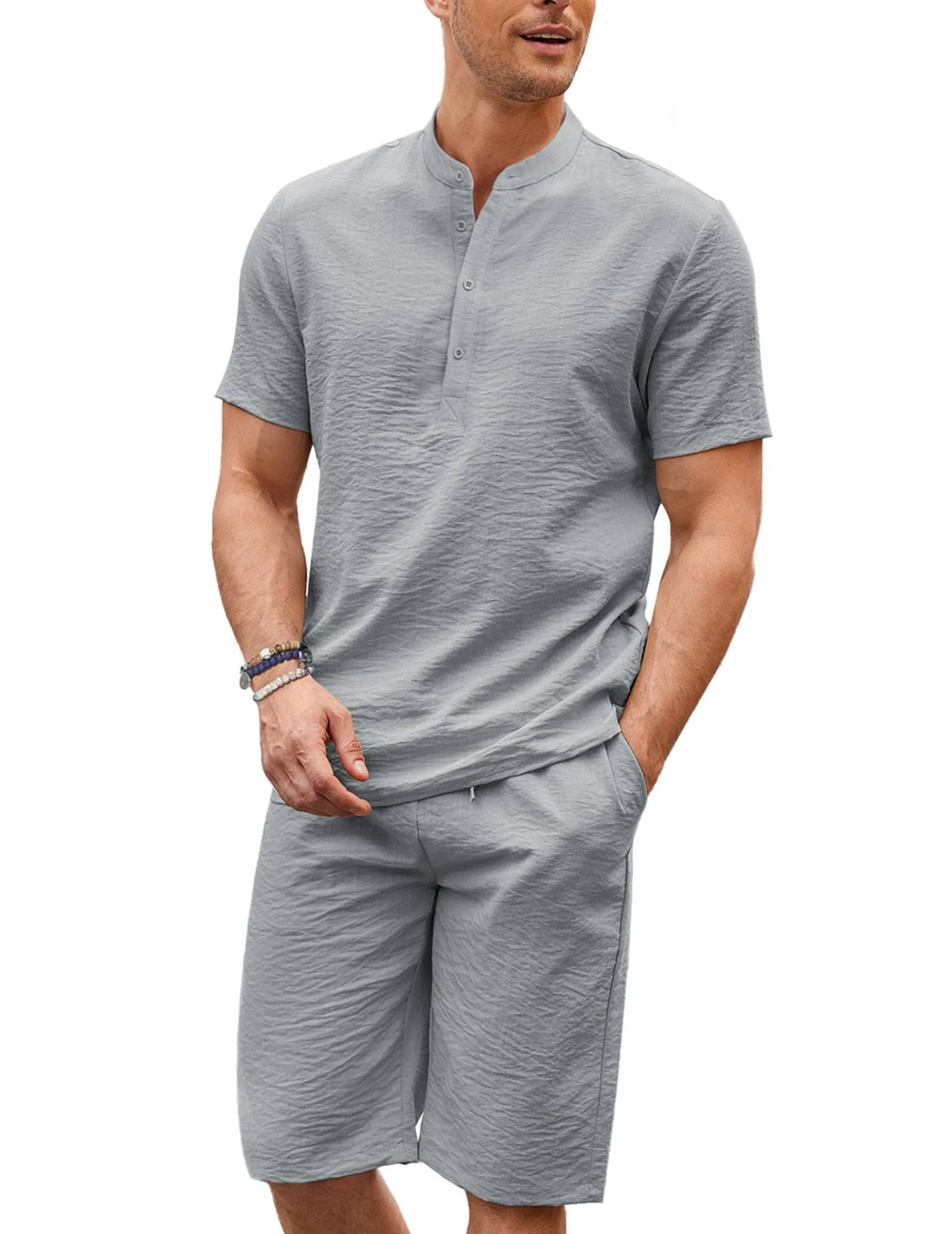 Casual 2 Pieces Cotton Linen Henley Shirt Set (US Only)