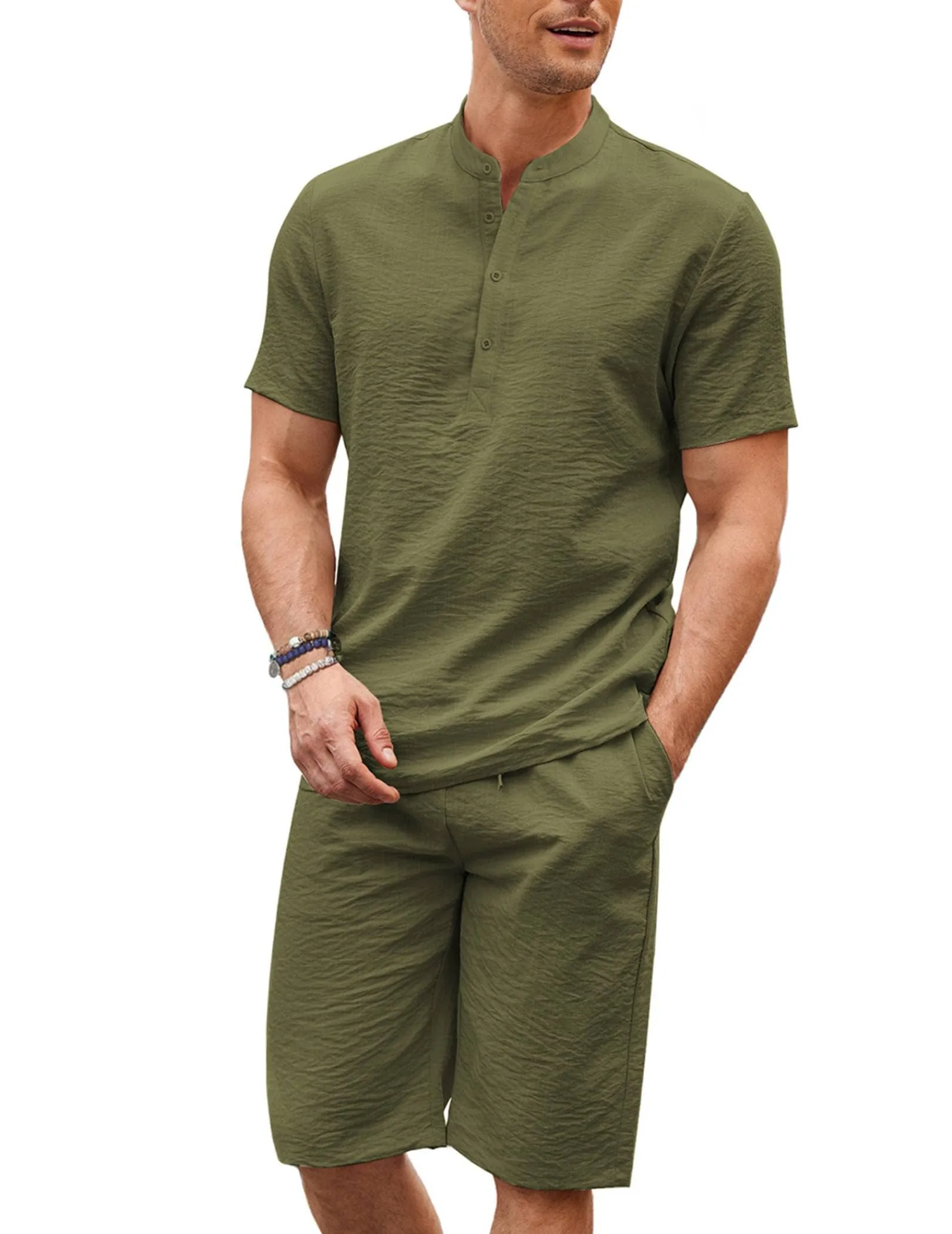 Casual 2 Pieces Cotton Linen Henley Shirt Set (US Only)