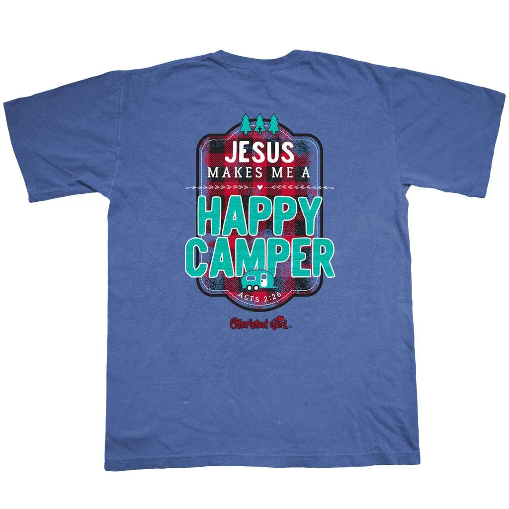 Cherished Girl Jesus Makes Me a Happy Camper Plaid Comfort Colors Girlie Christian Bright T Shirt