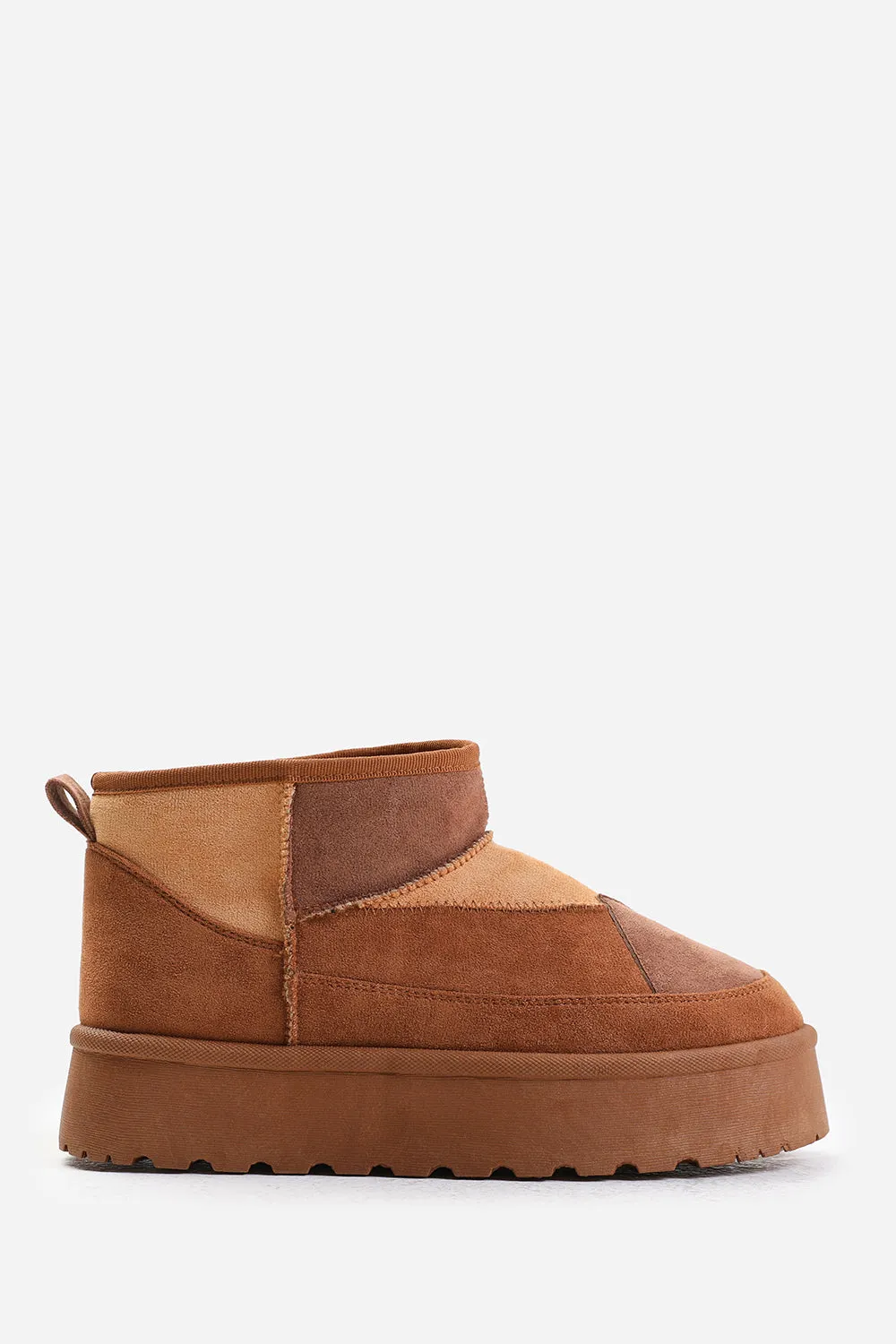 COCONUT FLATFORM PATCHWORK FAUX FUR LINING ANKLE BOOT IN CHESTNUT MIX SUEDE