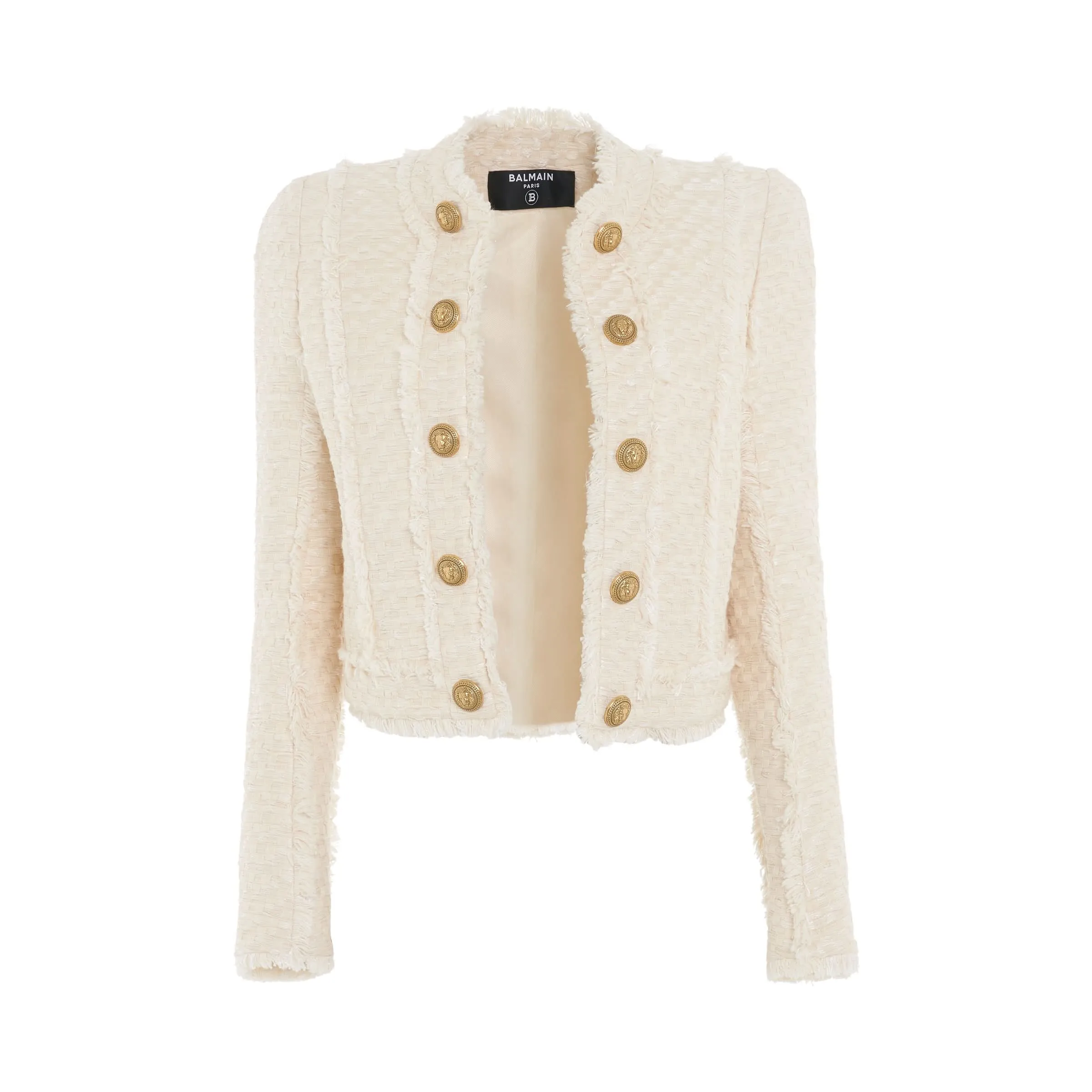 Collarless Side To Side Tweed Jacket in Off White