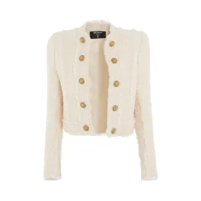 Collarless Side To Side Tweed Jacket in Off White