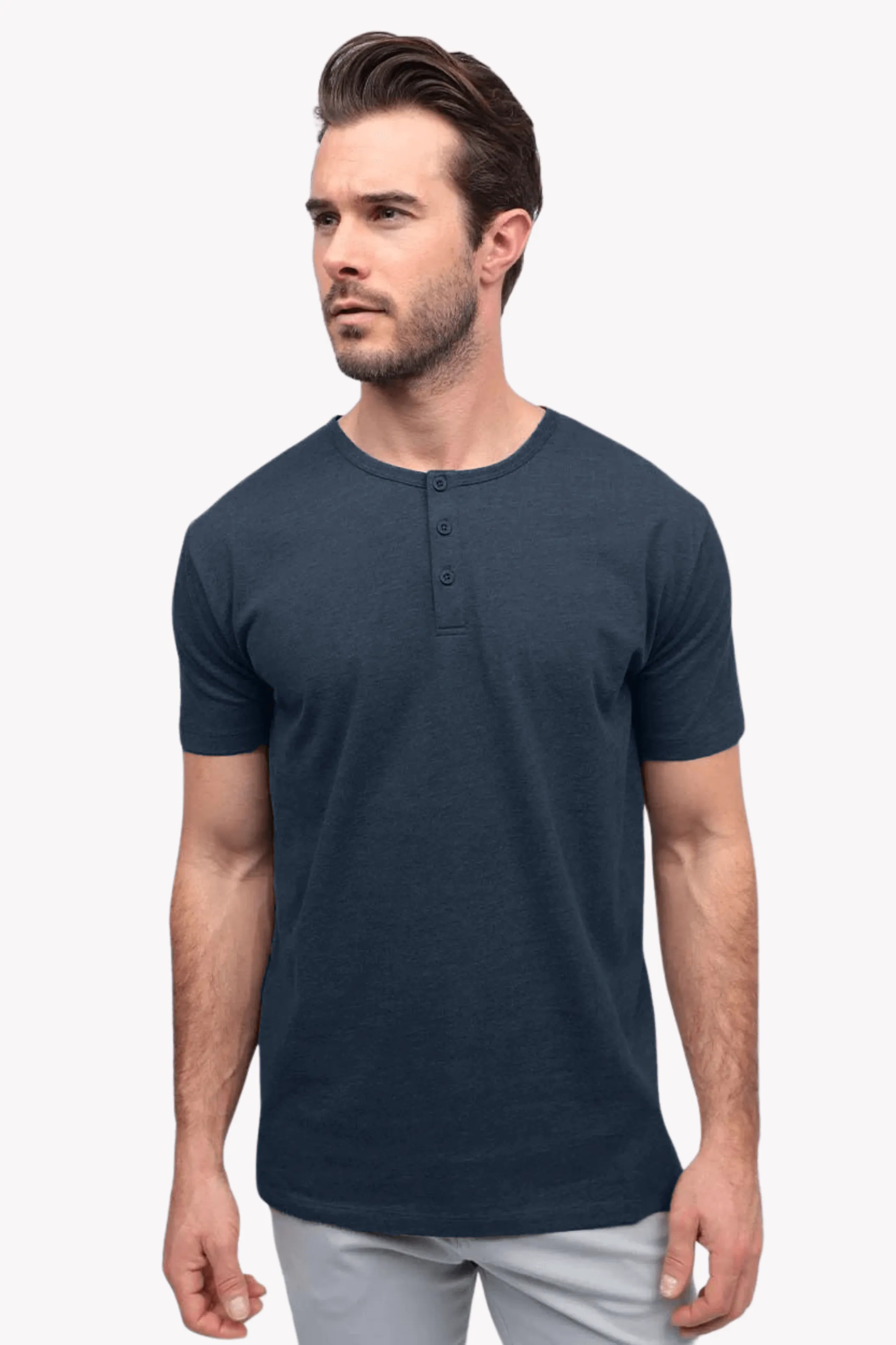 Cotton Henley Short Sleeve T-Shirt (Stretchable) Navy