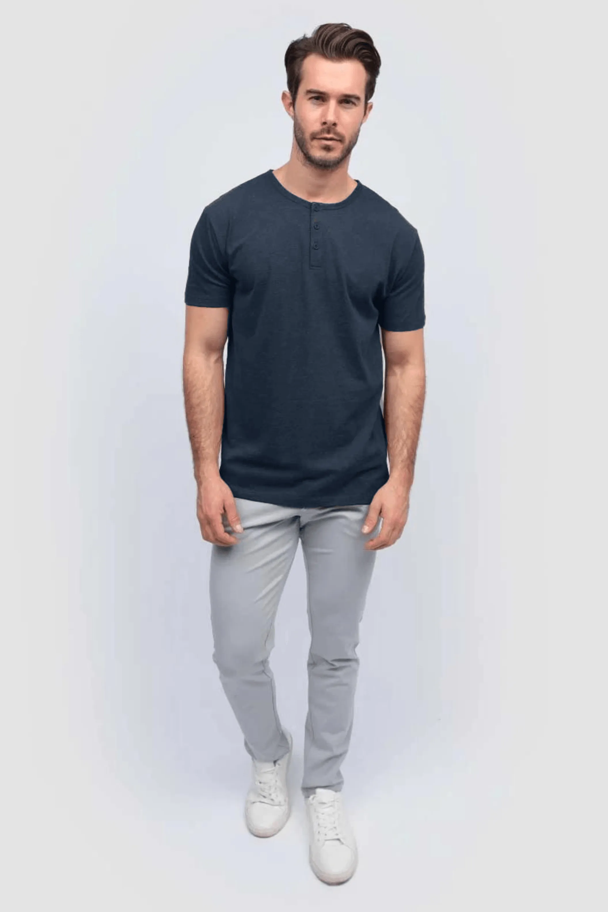 Cotton Henley Short Sleeve T-Shirt (Stretchable) Navy