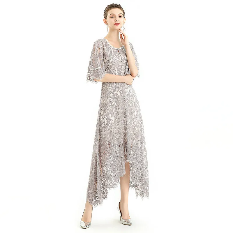 D078-1 Women floral lace cape sleeve flared asymmetric hem midi evening dress