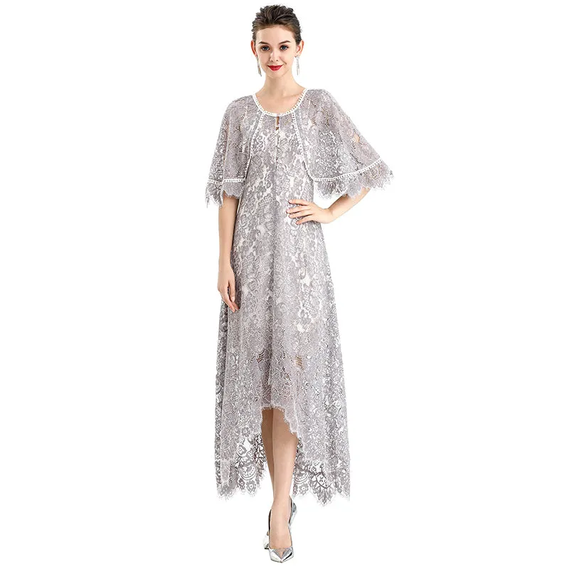 D078-1 Women floral lace cape sleeve flared asymmetric hem midi evening dress