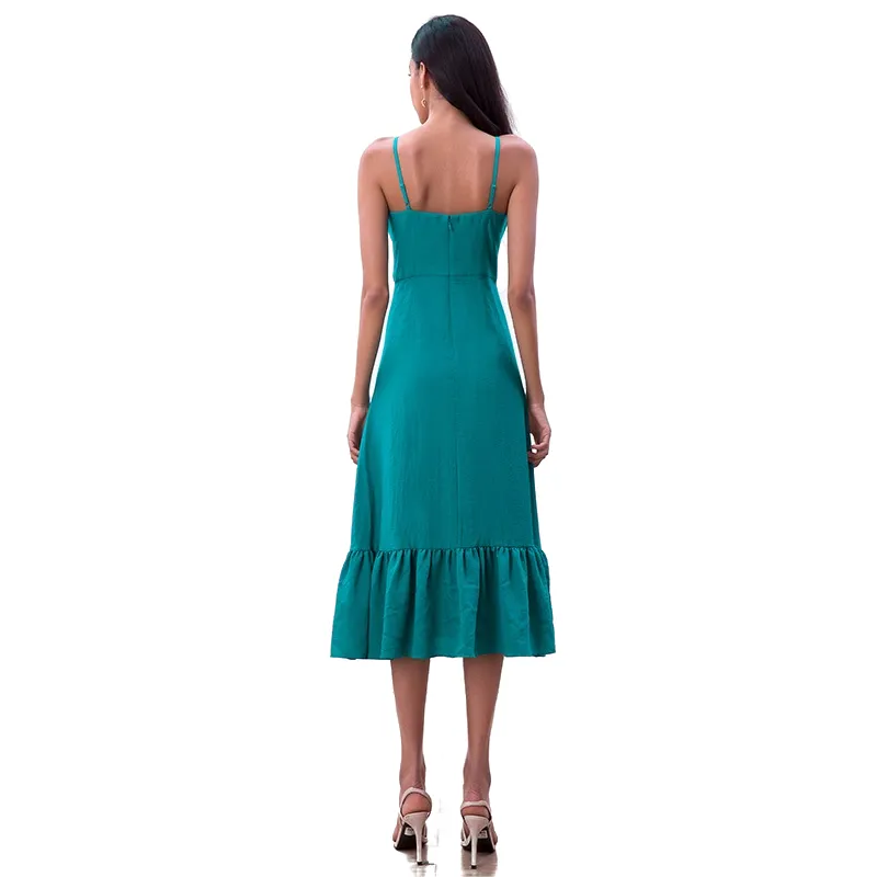 D261-2 Women solid strappy tiered ruffle flared midi party dress