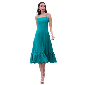 D261-2 Women solid strappy tiered ruffle flared midi party dress