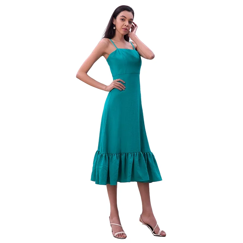 D261-2 Women solid strappy tiered ruffle flared midi party dress