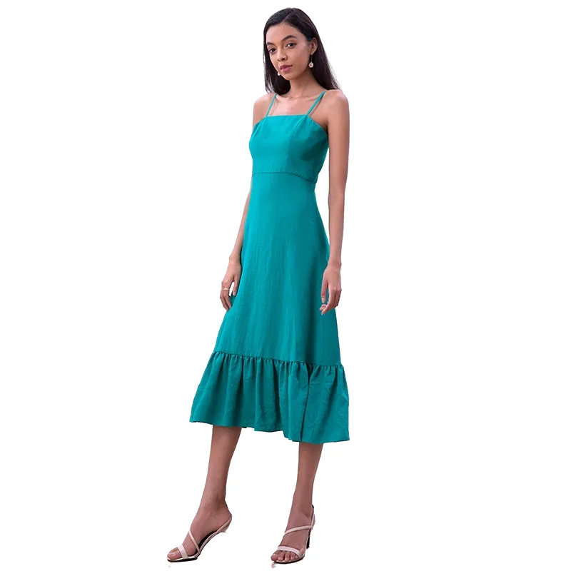 D261-2 Women solid strappy tiered ruffle flared midi party dress