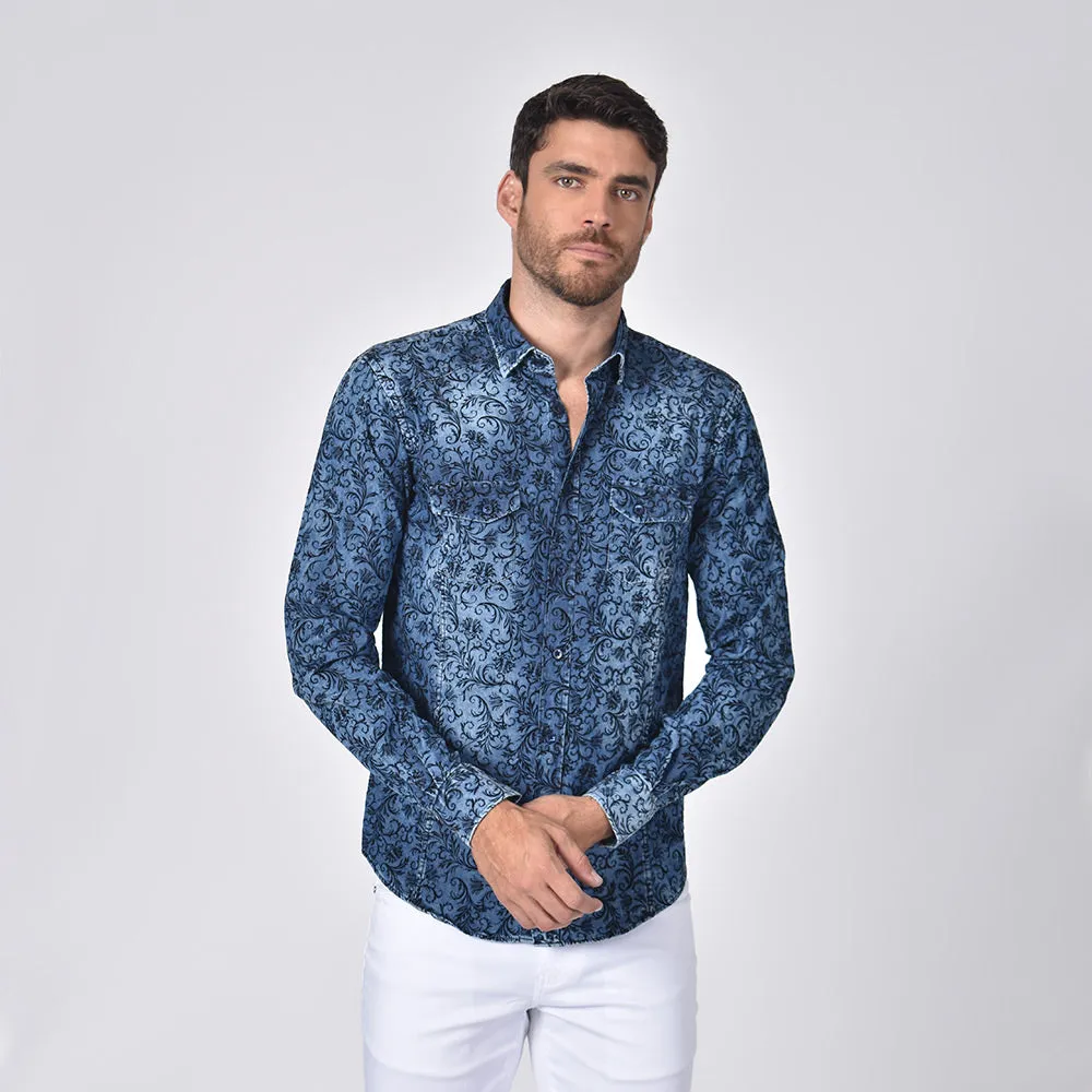 Denim Button Down Shirt W/ Baroque Print Flocking