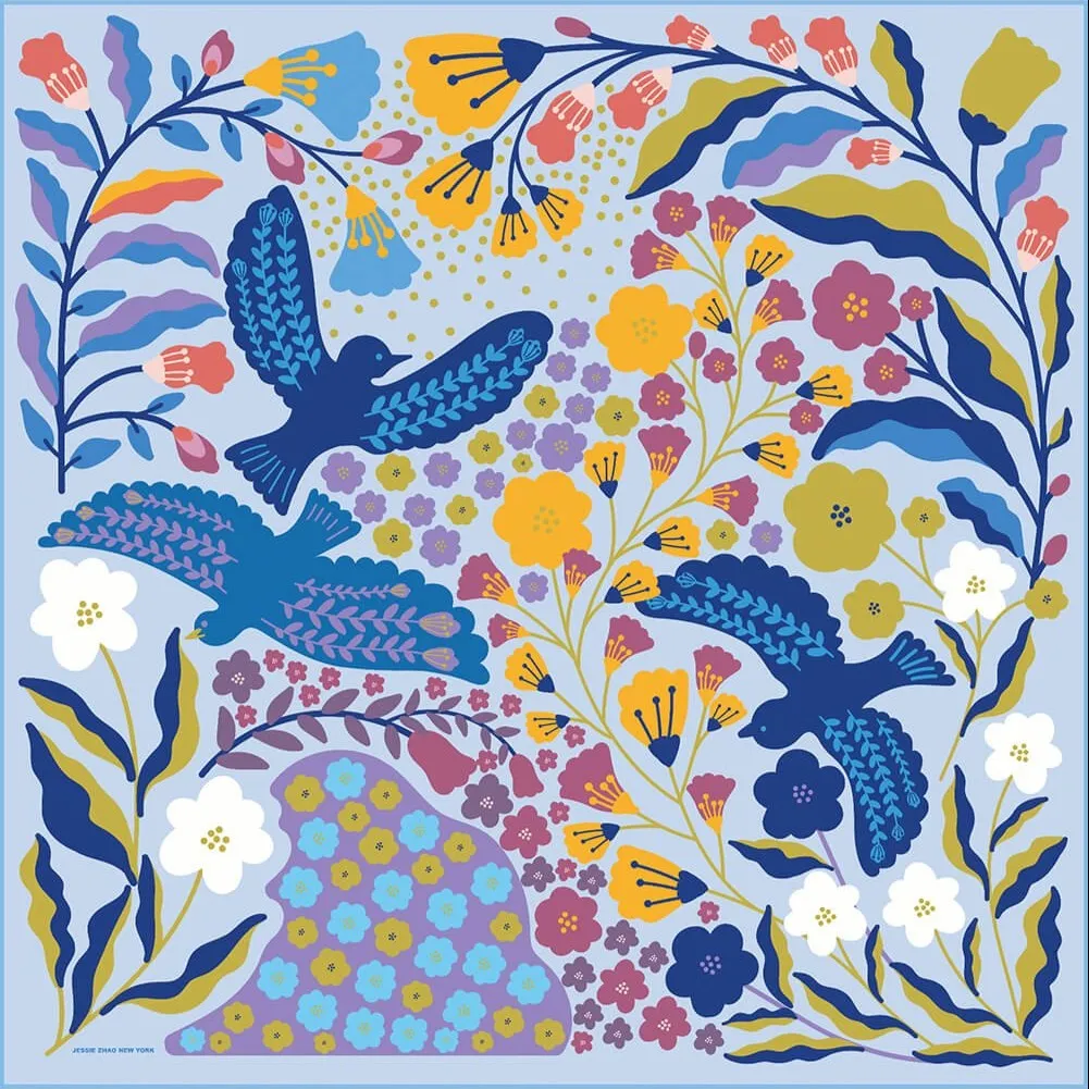 Double Sided Silk Scarf of Blue Birds