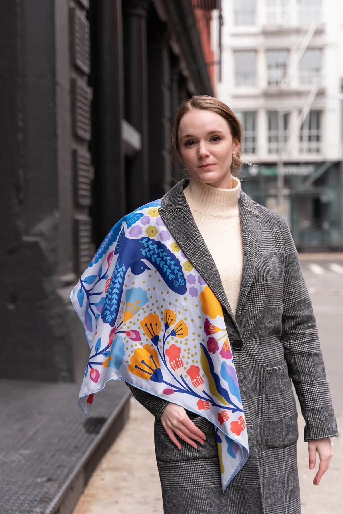 Double Sided Silk Scarf of Blue Birds