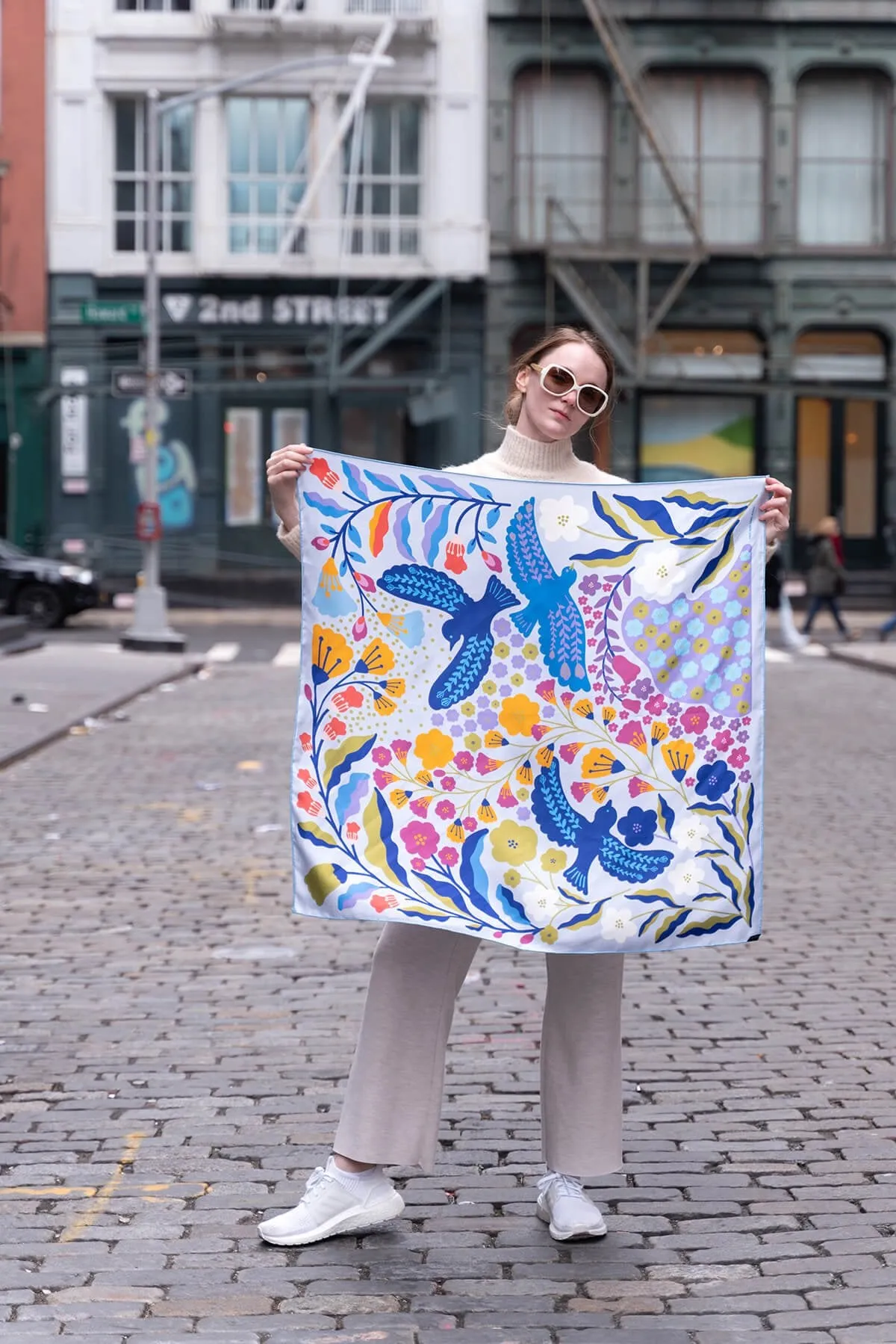 Double Sided Silk Scarf of Blue Birds