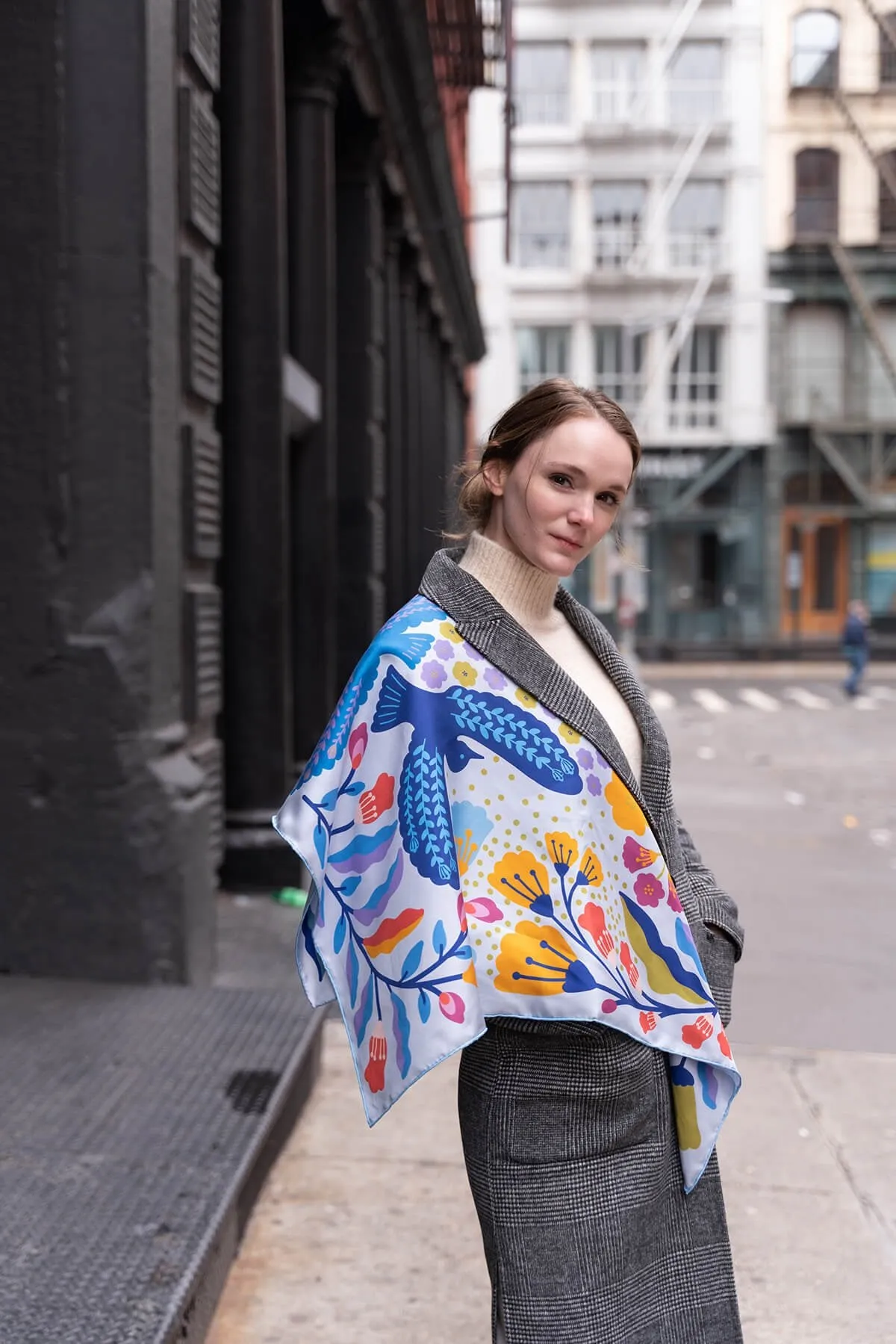 Double Sided Silk Scarf of Blue Birds