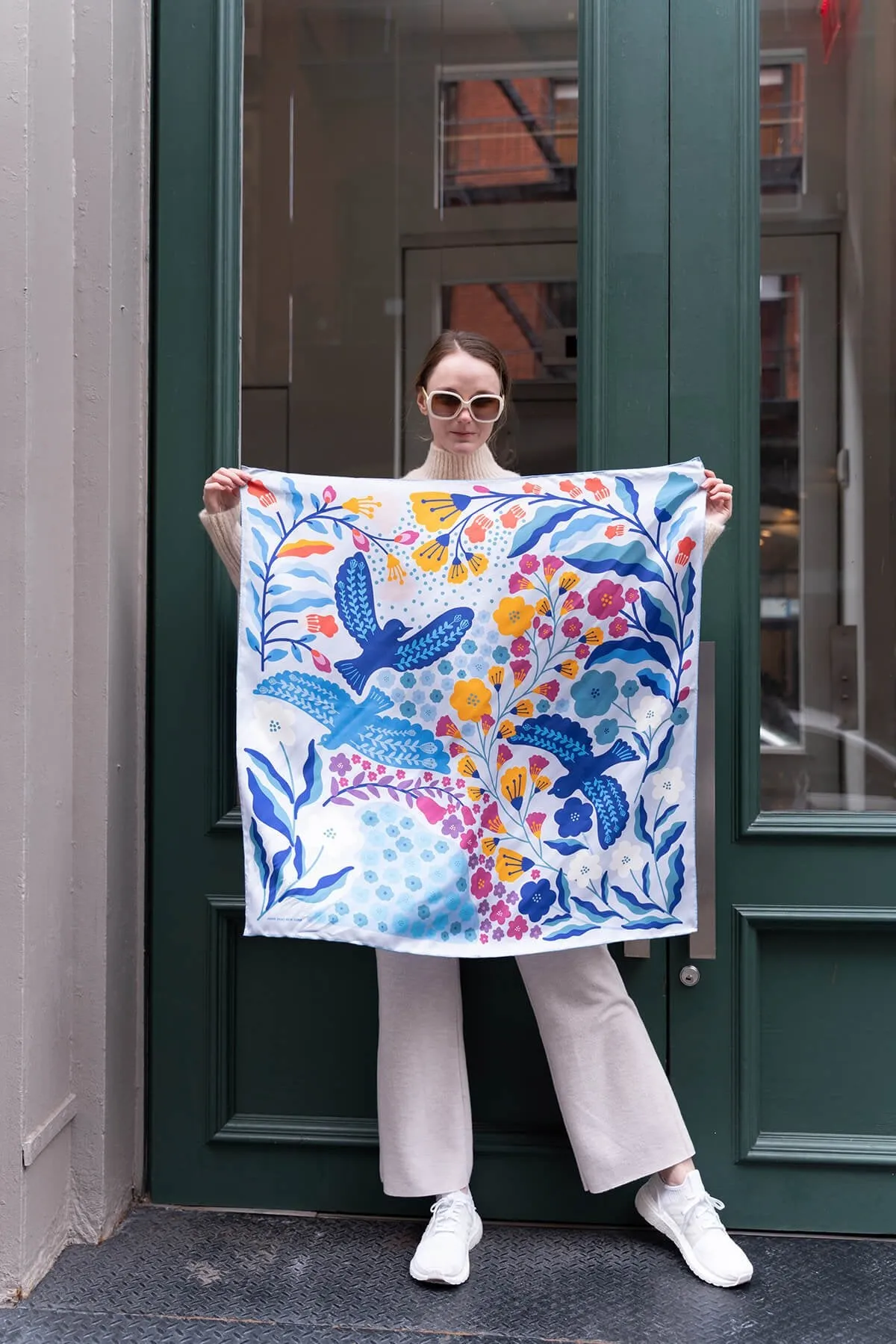 Double Sided Silk Scarf of Blue Birds