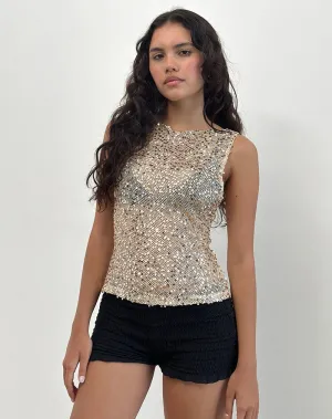 Dudley Vest Top in Sequin Mesh Gold