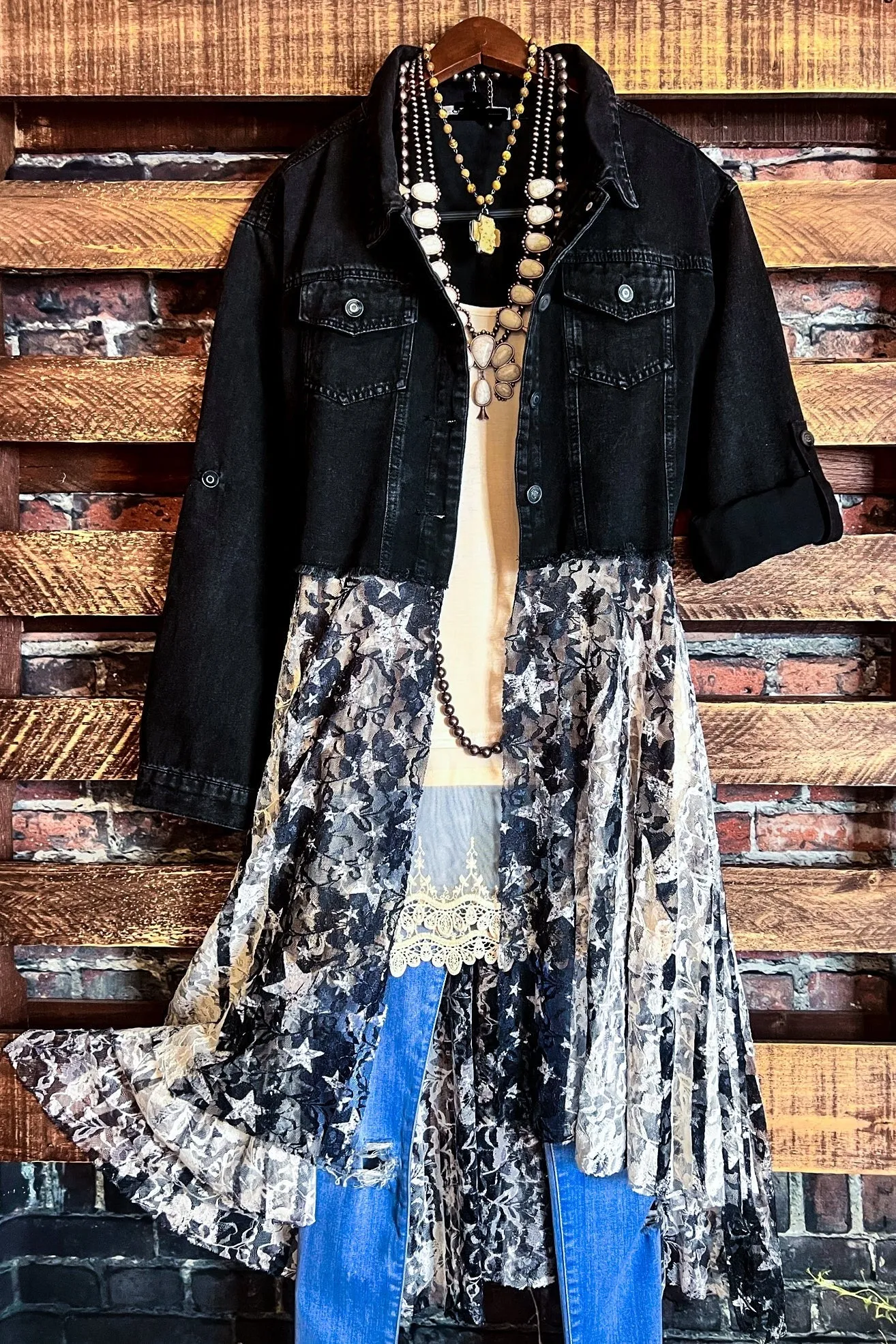 Fairytale Song Stars Lace & Black Denim Midi Jacket Cardi in Black & Ivory