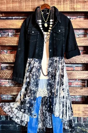 Fairytale Song Stars Lace & Black Denim Midi Jacket Cardi in Black & Ivory