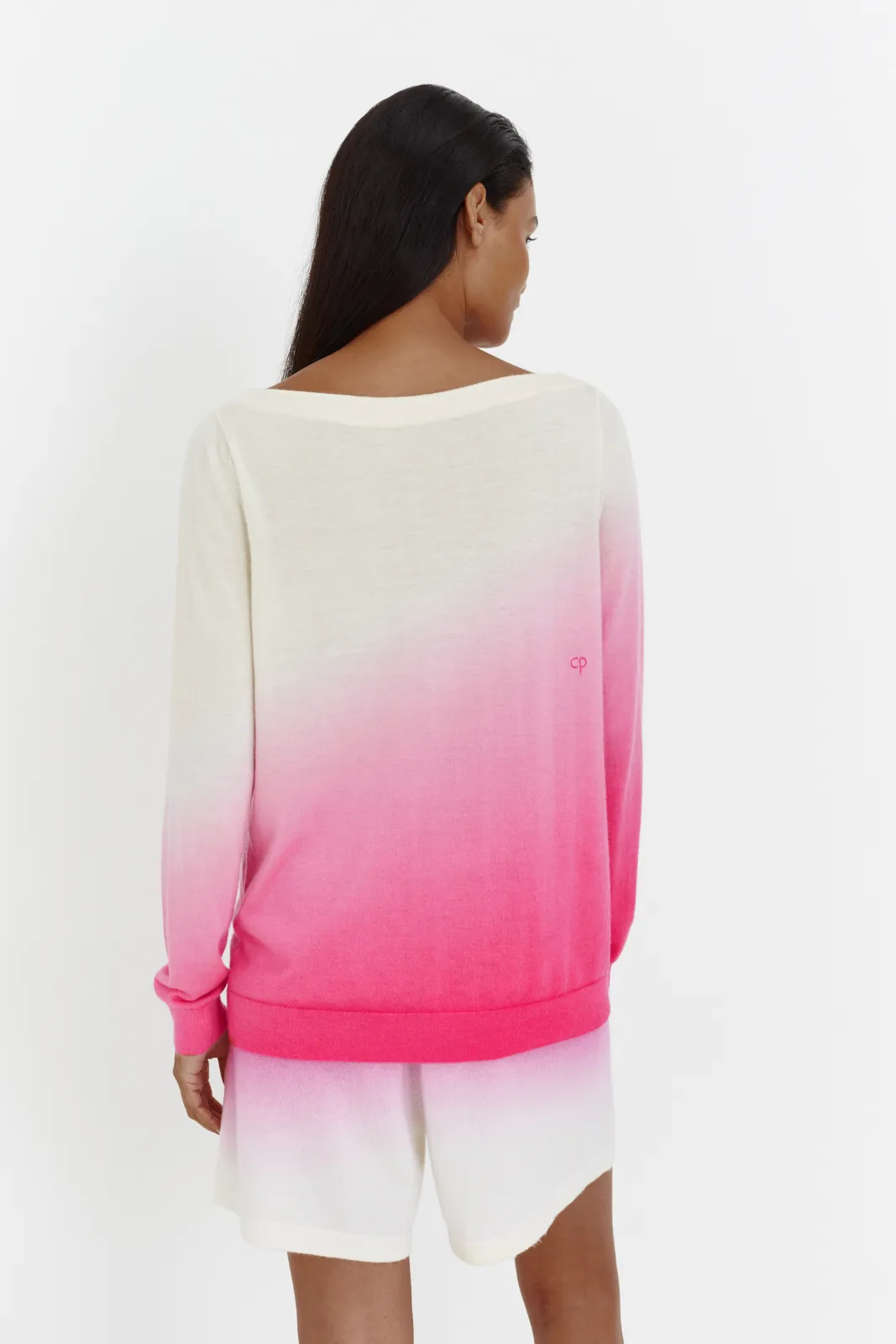 Fine Knit Dip Dye Rib Slash Neck, Cream/Pink