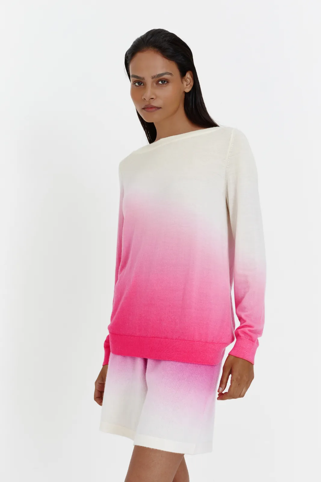 Fine Knit Dip Dye Rib Slash Neck, Cream/Pink