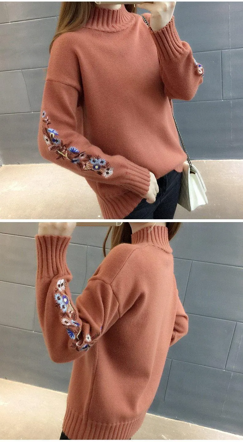 Floral Sleeves Turtleneck Women Sweater