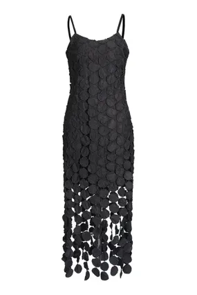 Flowy Scoop Neck Laser Cut Circle Fringe Sleeveless Cocktail Midi Dress