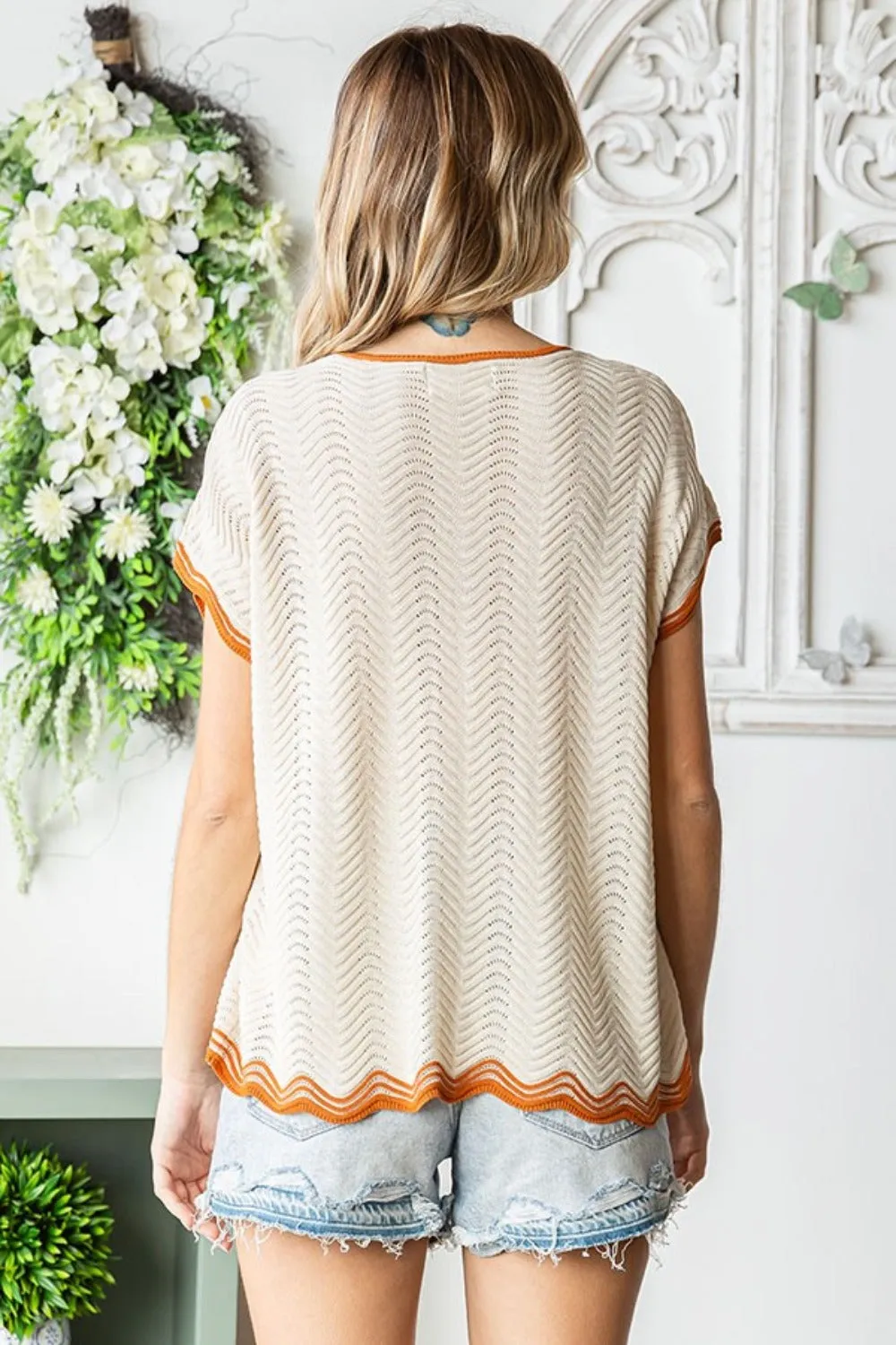 Full Size Contrast Wavy Crochet Drop Shoulder Knit Top